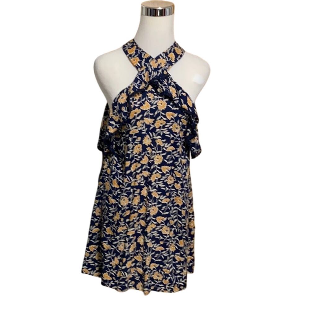 Francesca’s Halter Floral Navy and Gold Dress Preppy Ruffle Girly Boho L6